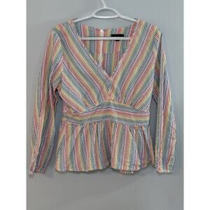 J Crew Top 6 Rainbow Striped Seersucker Babydoll Y2K Peplum Stripe Preppy